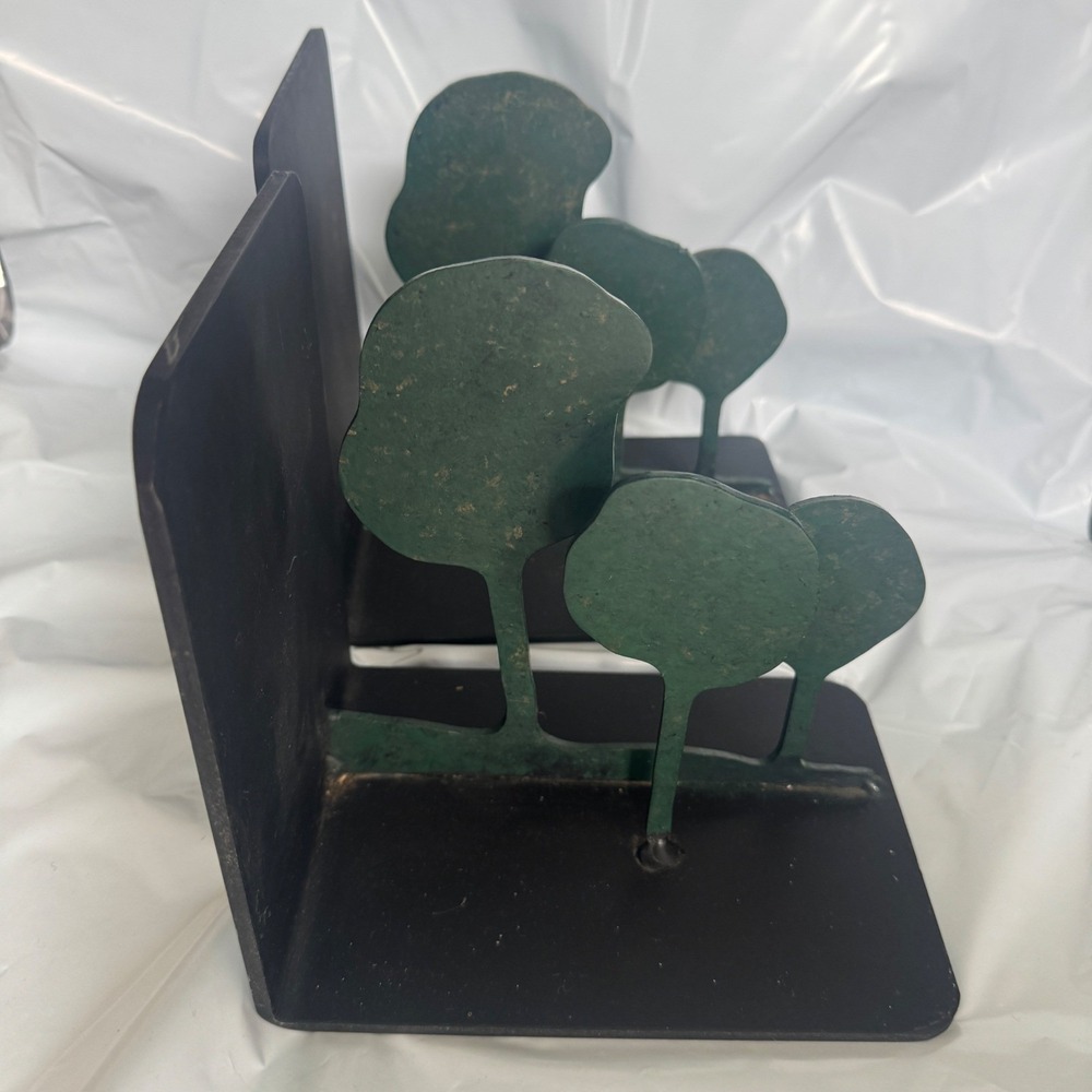 Vintage Mid Century Metal Tree Bookends Green Black Heavy MCM Industrial Decor